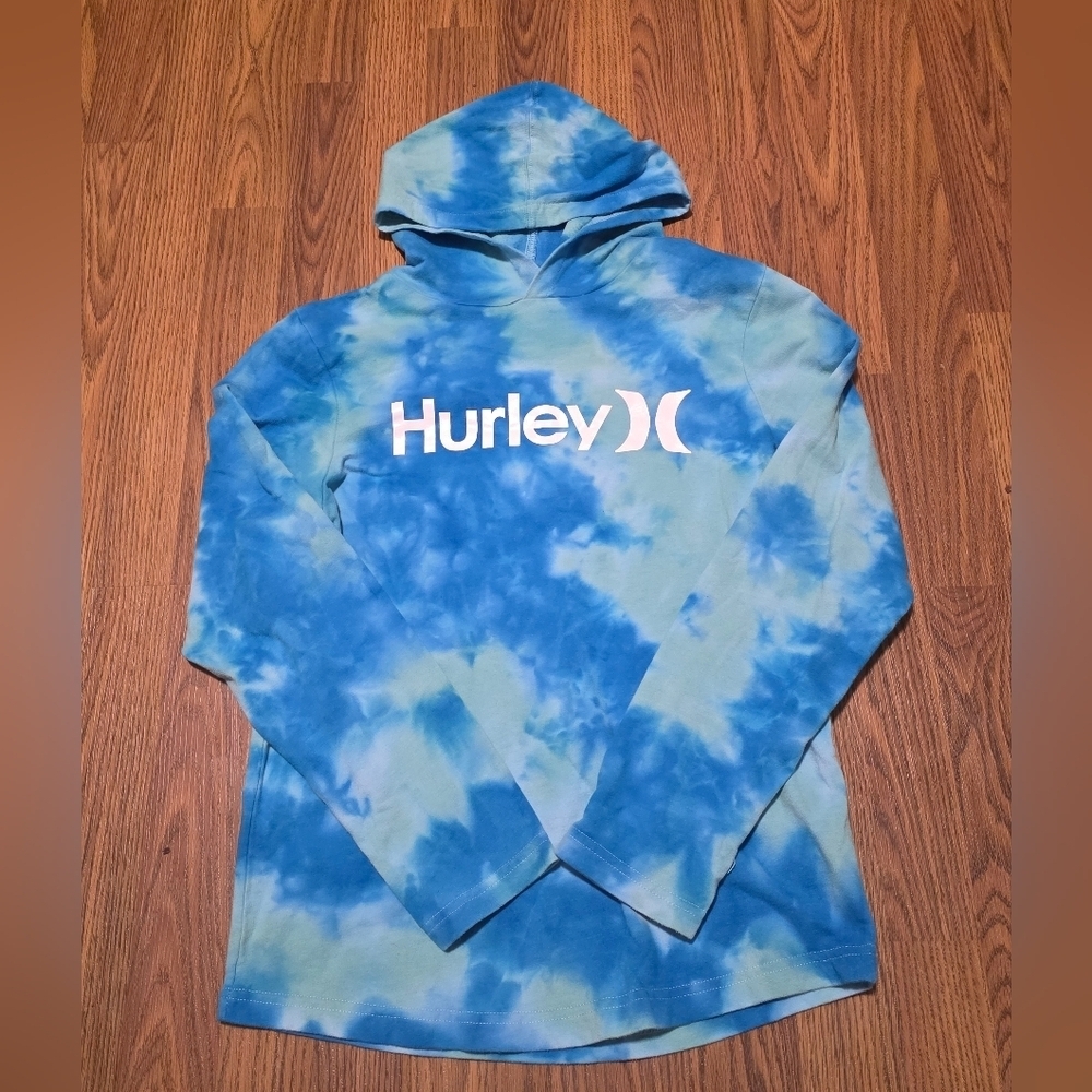 Hurley Boys Large Blue Tie Dye Hoodie Surf Beach Pullover L Youth 14/16 E44